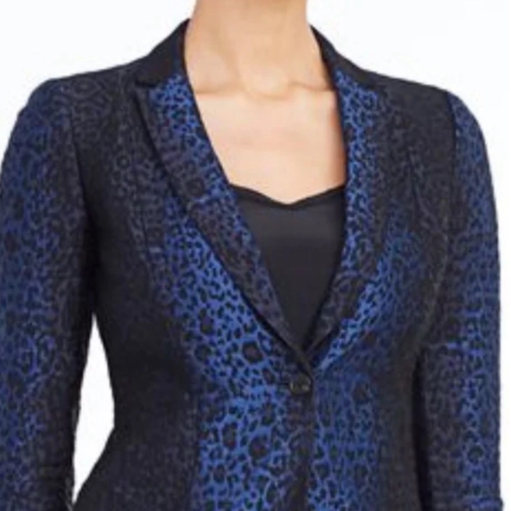 Elie Tahari Couture Black and Blue Leopard Print Tuxedo Blazer Jacket Size 10